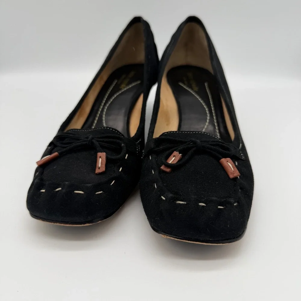 Kate Spade Black Laney Suede Square Toe Kitten Heel Pumps Whipstitch Bow Size 9M